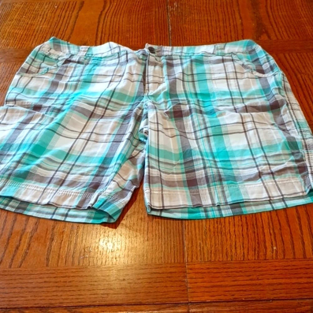 St. John's Bay High Waist Plaid Shorts in Teal and Brown